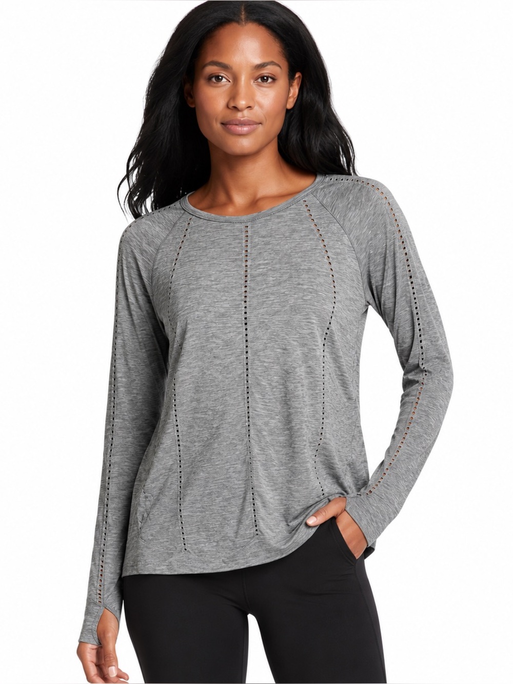 ATHLETA Gray Perforated Long Sleeve Performance Athletic Top Small